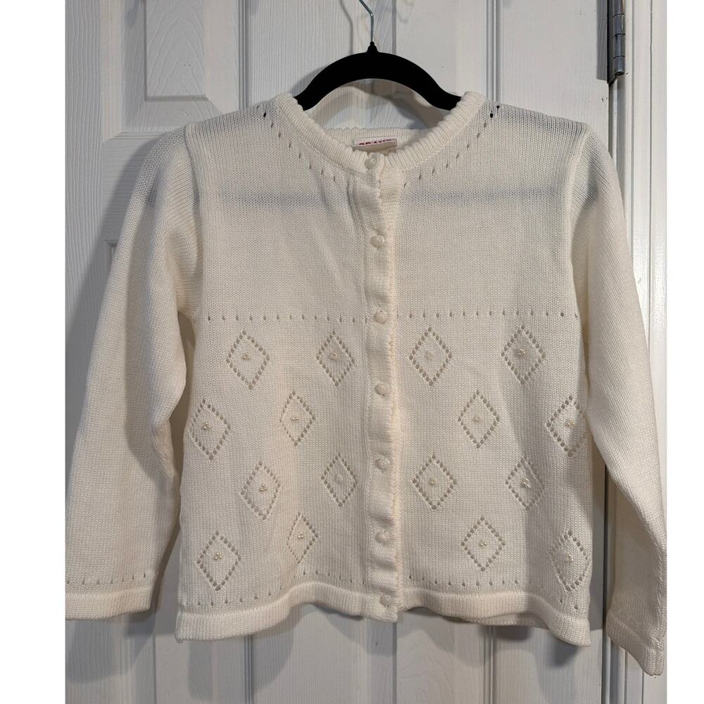 Vintage Grand Knitwear Ivory Pearl Beaded Pointelle Cardigan
